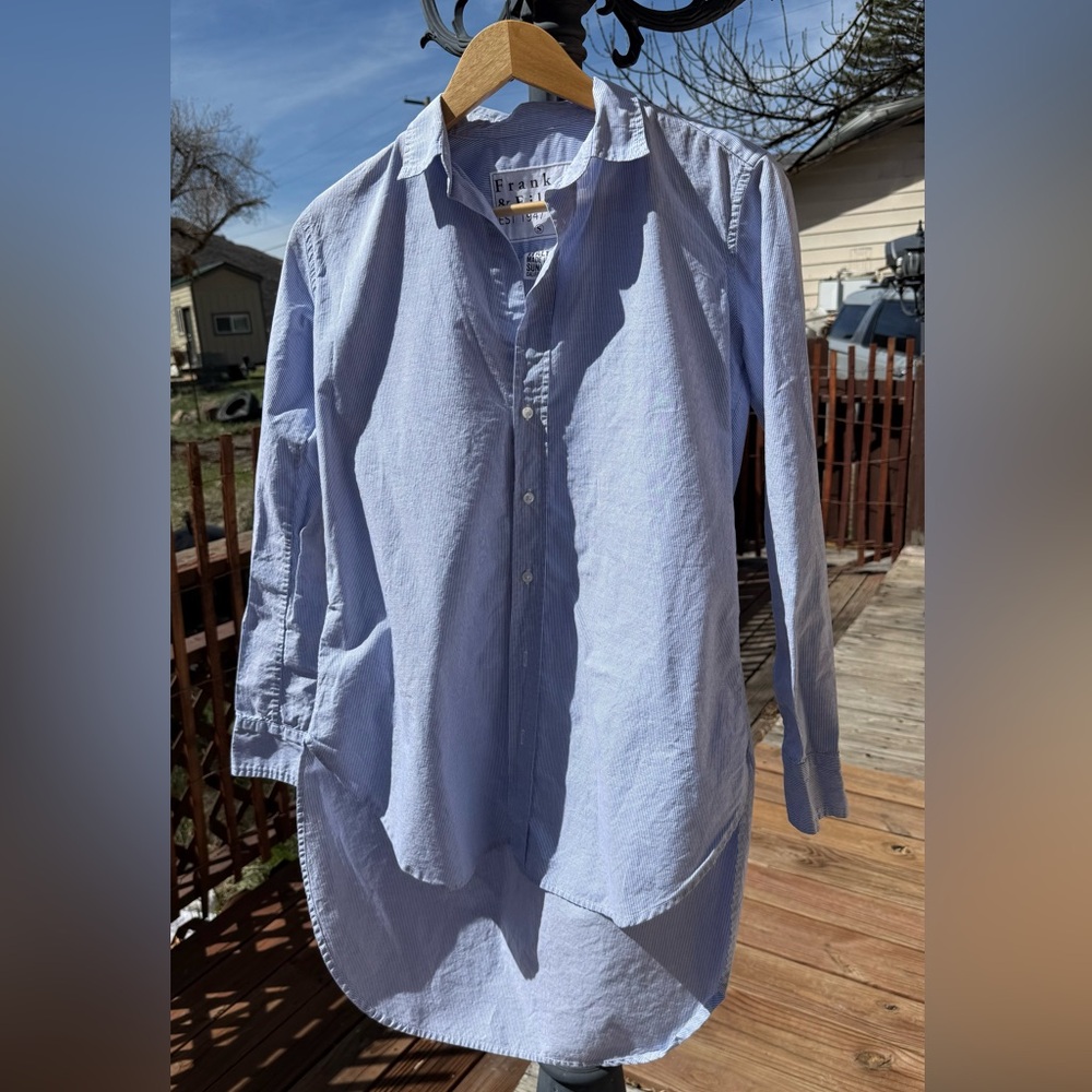 Frank & Eileen Blue White Pinstripe Boyfriend Button Shirt Sz S Oversize Coastal